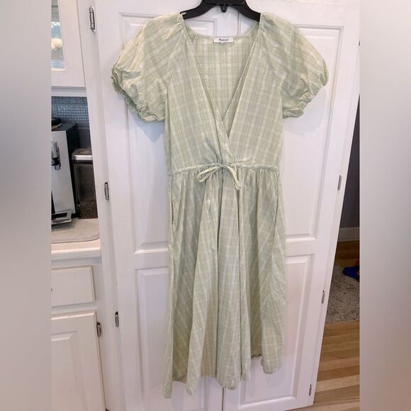 Madewell 100% Cotton Sage Green Plaid Cottage Core Puff Sleeve A-Line Dress XS - Picture 4 of 12
